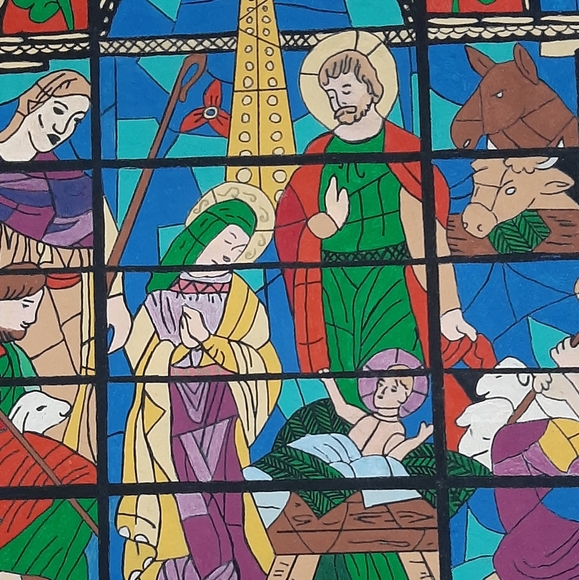 Rare Handmade Liquid Artex Painting Nativity Scene Stainglass Look Wall Hanging - Picture 4 of 7